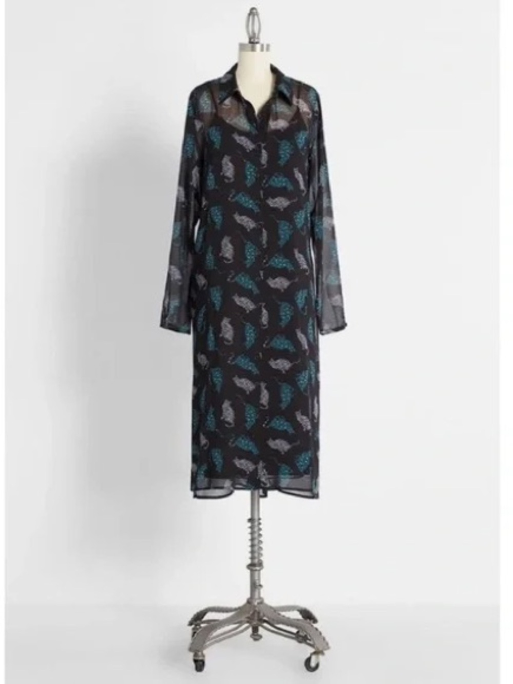 Modcloth Sheer Black Button-Up Shirt Dress “Just Kitten Around” Cat Print